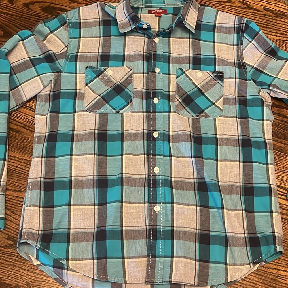 Arizona Jean mens button down shirt medium grey, teal, and black plaid